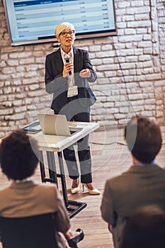 Senior Speaker giving a talk in conference hall at business event