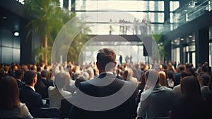 Speaker giving a talk in conference hall at business meeting event.