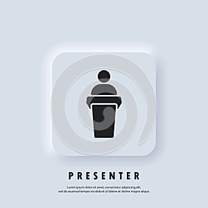 Speaker icon. Speaker speaking from the podium. Training, presentation icon. Business Presentation Icons. Teacher icon. Vector.
