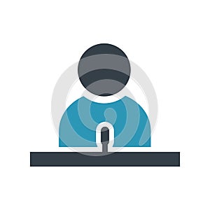 The speaker icon. The speaker. A stylized man in front of a microphone on the podium.