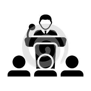 Speaker icon vector male person on podium symbol for public speech with microphone in glyph pictogram