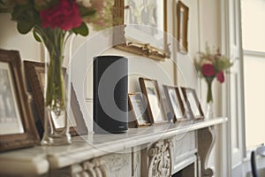 speaker on mantlepiece with framed photos