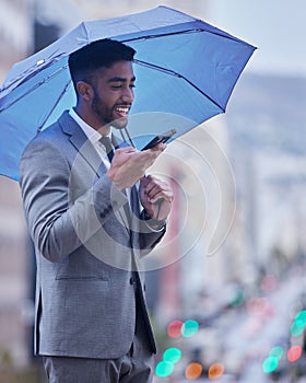 Speaker, phone call and businessman with umbrella in city for deal, negotiation or b2b client networking on winter