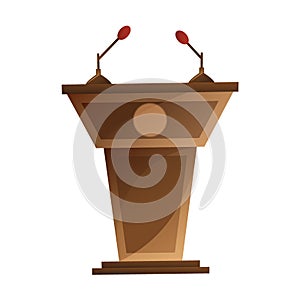 Speaker podium with microphones isolated cartoon design. Grandstand for debate or press conference vector illustration