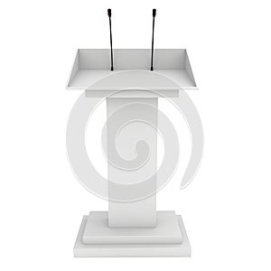 Speaker podium tribune rostrum stand with microphones. 3d render isolated on white background. Debate, press conference.