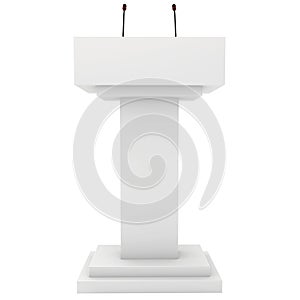 Speaker podium tribune rostrum stand with microphones. 3d render isolated on white background. Debate, press conference.