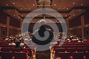 Speaker presenting to an audience in a conference hall