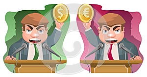 Speaker on the rostrum holds a dollar symbol and a euro symbol.