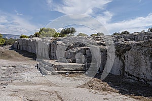 The speaker`s platform on the Pnyx, a hill in central Athens, Greece