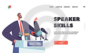 Speaker Skills Landing Page Template. Press Conference, Briefing Concept with Politician Man Speaking to Audience