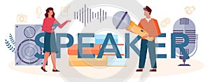 Speaker typographic header. Professional speaker or commentator photo