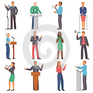 Speaker vector people characters speaking at business event or on conference presentation illustration set of man or