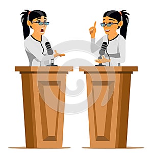 Speaker Woman Vector. Business Woman, Politician Giving Speech. Rostrum. Candidate. Isolated Flat Cartoon Character