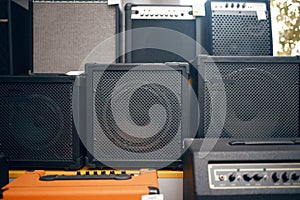 Speakers and amplifiers in music store, nobody