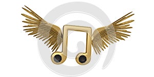 Speakers in big music symbols and gold wings.3D illustration.