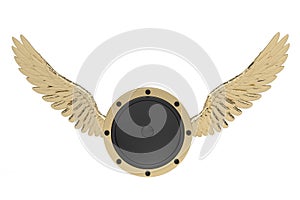 Speakers with gold wings,creative music symbols.3D illustration