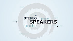 Speakers stereo audio studio sound loudspeaker equipment technology acoustic amplifier bass animated word cloud