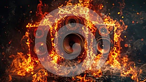 Speakers surrounded by fire, burning speaker on a dark background