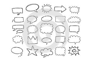 Speaking hand drawn doodle bubbles set. Talk clouds sketch frames. Speech thought Balloon shapes.