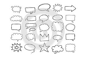 Speaking hand drawn doodle bubbles set. Talk clouds sketch frames. Speech thought Balloon shapes.