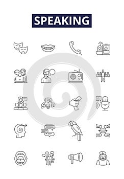 Speaking line vector icons and signs. Orate, Express, Converse, Declare, Utter, state, Lecture, Address outline vector photo