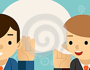 Speaking listening. One man holds hand his ear and other says vector design illustration
