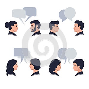 Speaking people. Couple conversation, dialogue bubbles and chat avatars profile portraits talk together vector