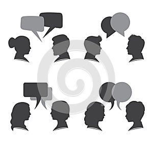 Speaking people. Couple conversation, dialogue bubbles and chat avatars profile portraits talk together vector