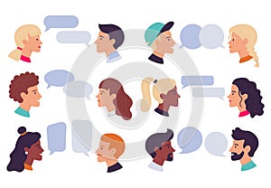 Speaking people. Couple conversation, dialogue bubbles and chat avatars profile portraits talk together vector photo