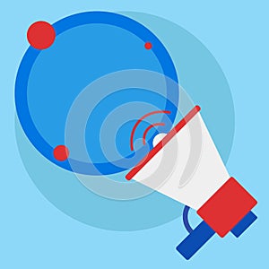 SpeakingTrumpet with Volume Icon and Blank Round Speech Bubble. Colored Empty Text Balloon Floating beside Megaphone photo