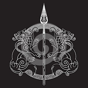 The Spear Of The God Odin - Gungnir. Two wolves and Scandinavian pattern