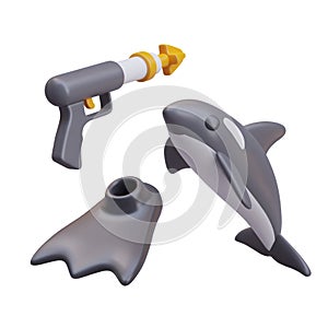 Spearfishing harpoon, fin, and killer whale. Black item for underwater hunt on big fish