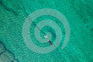Spearfishing scuba diver in tropical exotic sea, ocean turquoise clear water. Man swimming hunting exotic fish, poaching. Top view