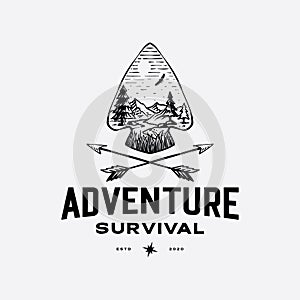 Spearhead and arrow with outdoor scenery for adventure logo