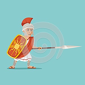 Spearman legionnaire warrior soldier spear shield greek roman battle stance character icon design cartoon vector photo