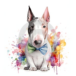 Spec-tacular Style: A Cute Bull Terrier Puppy in Glasses and Bandana, in Watercolor AI Generated