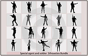 Special agent and soldier silhouette,SWAT team soldier shooting while rappelling upside down vector silhouette,