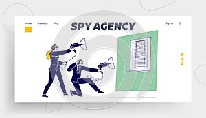 Special Agents with Professional Surveillance Equipment Landing Page Template. People in Dark Wear Eavesdrop with Radars