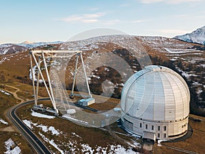 Special astrophysical observatory in the evening. Aerial view