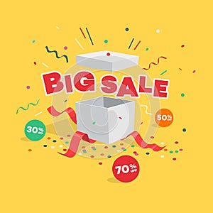 Special big sale discount symbol with gift, discount labels and flying confetti