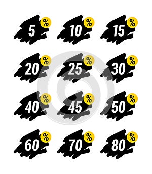 Special black and yellow handdraw offer sale tag discount symbol retail sticker sign price set