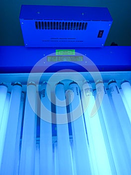 special cabin with UV lamps for the treatment of psoriasis. Light therapy, phototherapy