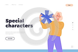 Special character landing page design template with happy woman holding asterisk font sign