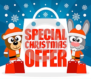 Special Christmas Offer card with bear and rabbit