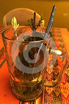 A special concoction of tea with mint, coca leaves, tola and chachacoma for combating high altitude in Peru