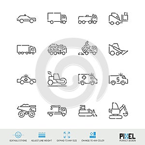 Special and construction vehicles related vector line icon set