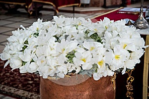 Special Decor for Baptism. The baptismal font and the priest table. Baptism ceremony