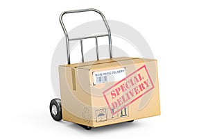 Special delivery concept. Cardboard box on hand truck, 3D render