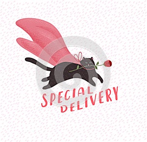 Special delivery. Cute cats in love. Romantic Valentines Day greeting card or poster. Hero Kitten fly with rose in mouth