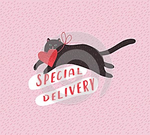 Special delivery. Cute cats in love. Romantic Valentines Day greeting card or poster. Hero Kitten run with heart in